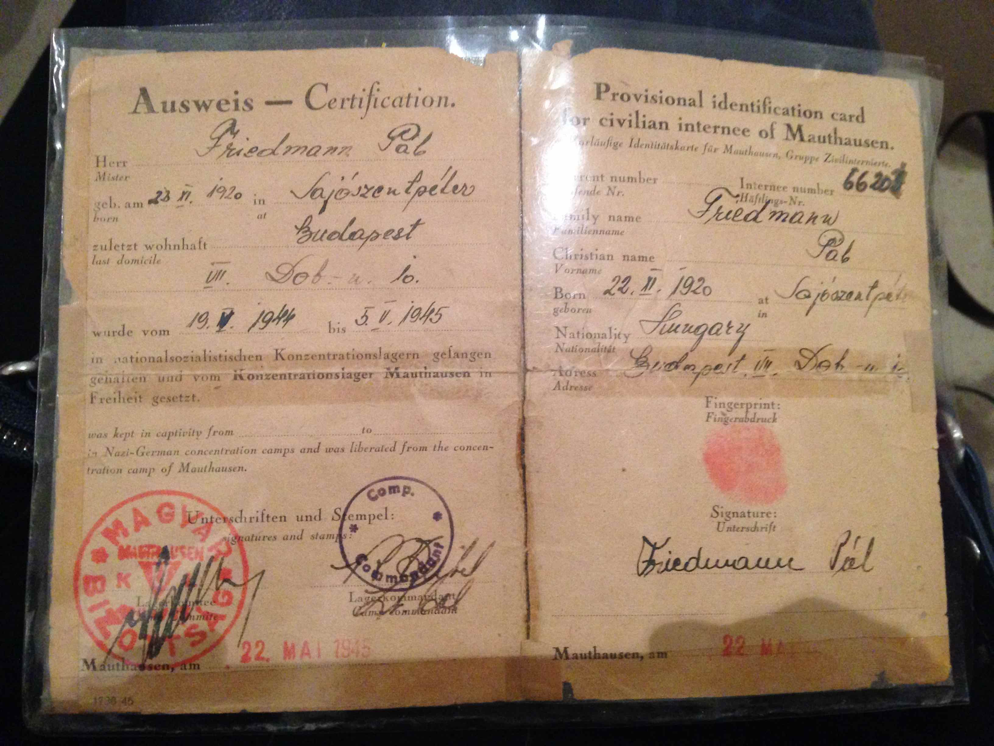 Pál Ferenczi’s Mauthausen certificate. Credit: Judit Izinger